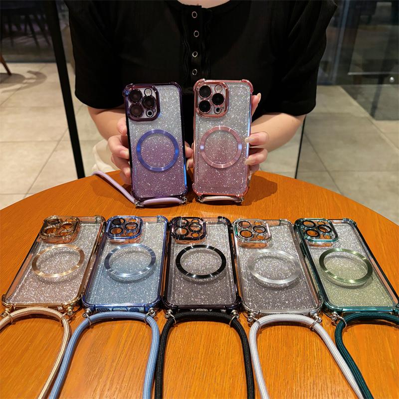 Coque de téléphone magnétique pour Redmi Note 14 14 Pro Plus 14S Luxe Bling Transparent Lanière bandoulière Antichoc Coques arrière Funda