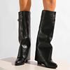 Fashion Black Pu Leather Knee High Boots Women Sexy Pointed Toe Straight Leg Boots Woman Punk Style Wedge High Heels Long Botas Mujer