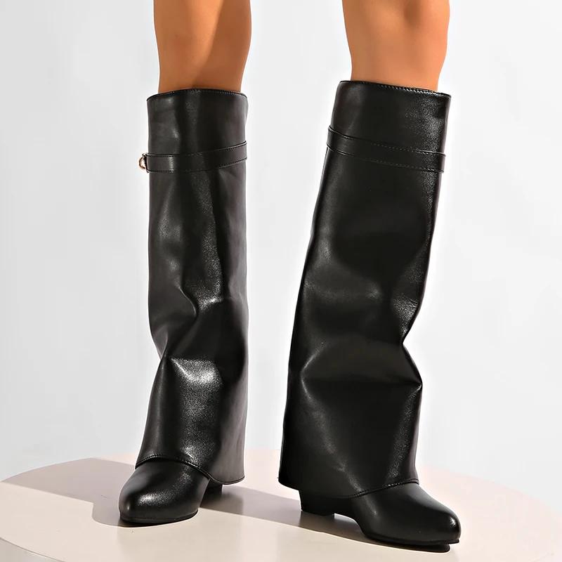 Fashion Black Pu Leather Knee High Boots Women Sexy Pointed Toe Straight Leg Boots Woman Punk Style Wedge High Heels Long Botas Mujer