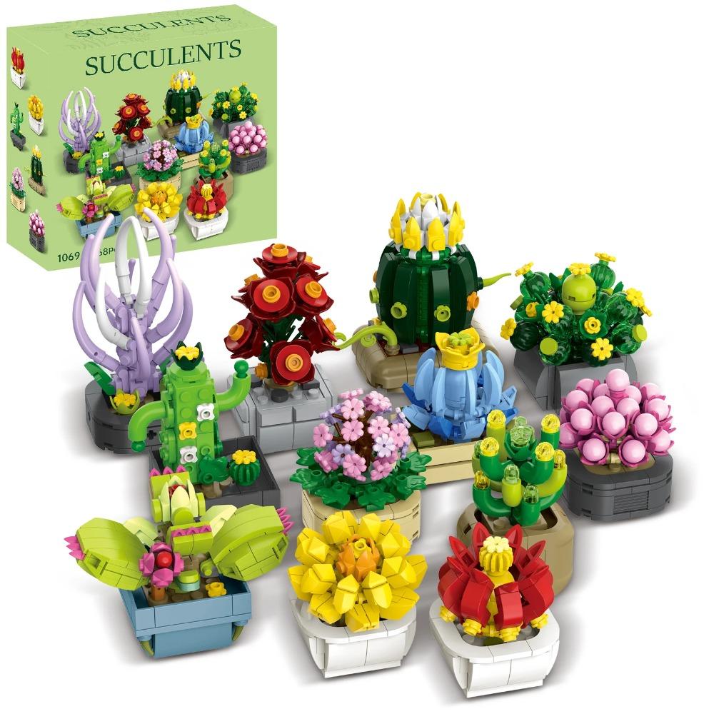 Succulent Plants Building Blocks Kit, Mini Potted Flower Bonsai Model, Simulation Cactus & Succulents Assembly Bricks 1168PCS
