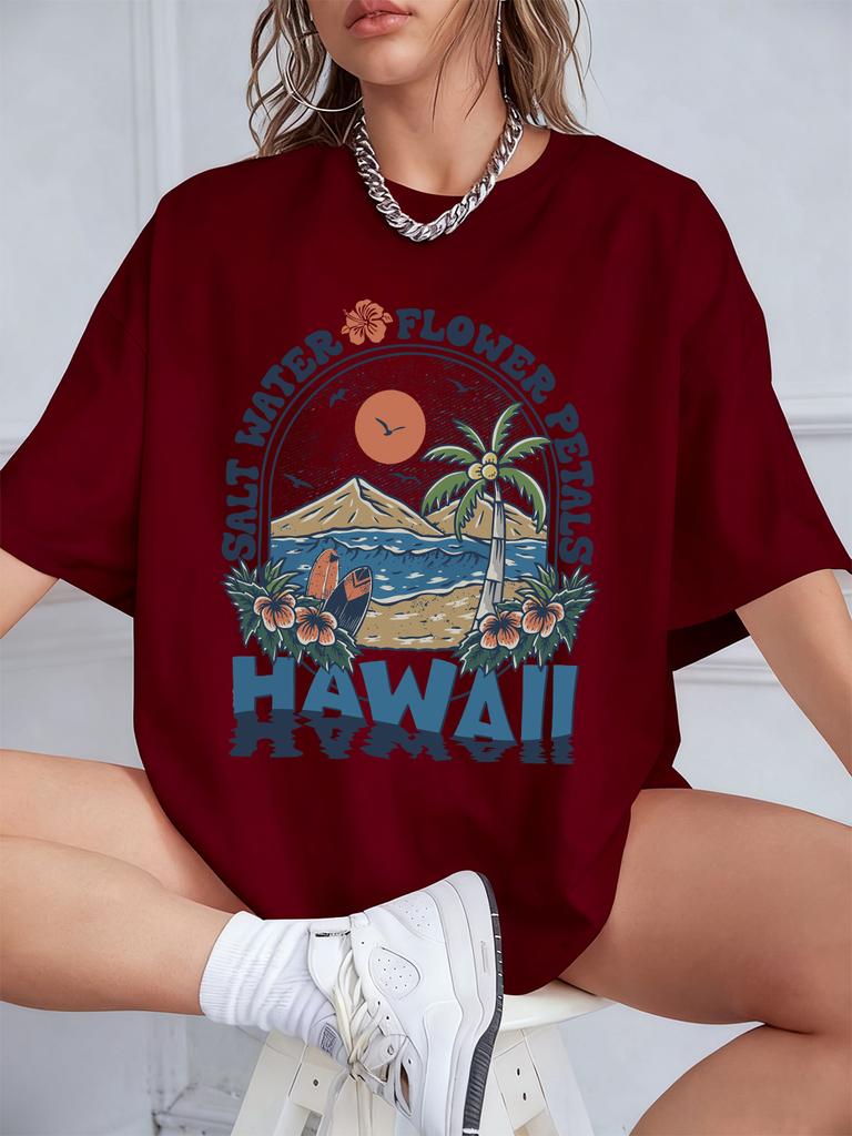 Salt Water Flower Hawaii Prints TShirts Women Summer Cotton Short Sleeve Tops Loose ONeck Comfortable T Shirt Casual Clothes