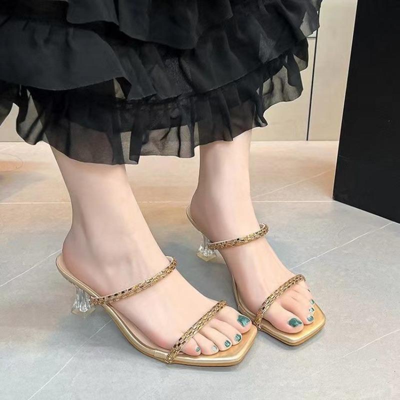 Fashion New Summer Sexy Fashion Open Toe Women's Sandals Water Diamond Shining Square Headed Banquet Women's High Heels Large Design