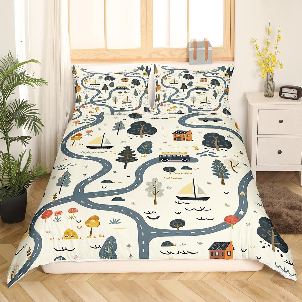 Road Traffic Themed Duvet Cover Set Queen King Size Lightweight Down Quilt Covers Room Decor Transport Bedspread Covers No Quilt