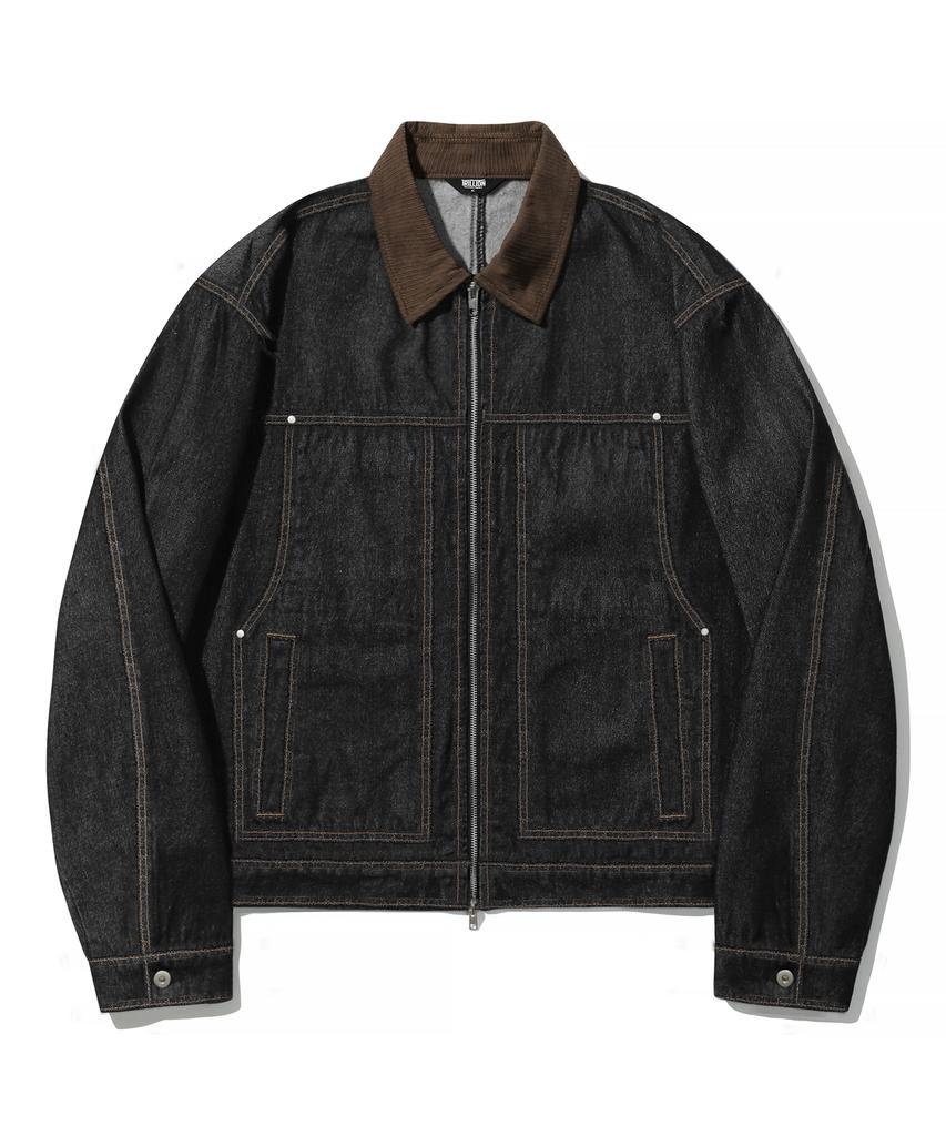 Trillion Corduroy Collar Denim Zip-Up Work Jacket (Black)