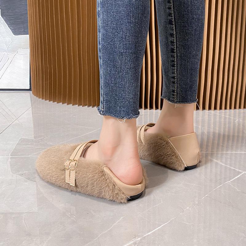 Fashion Elegant Belt Buckle Fur Mocasines Women Rabbit Hair Flats Winter Warm Plush Wool Shoes Ladies Slip On Loafers Furry Ballerinas
