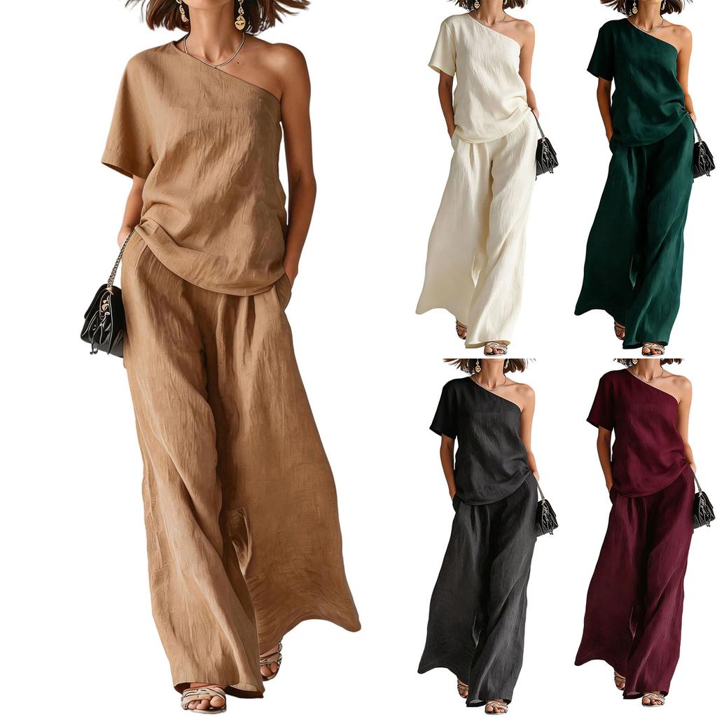 Damen 2-teiliges Outfit, einärmeliges Oberteil mit kurzer Ärmellänge und hochtaillierte Hose mit weitem Bein, lässiges Boho-Leinenmischgewebe, Sommer-Loungewear