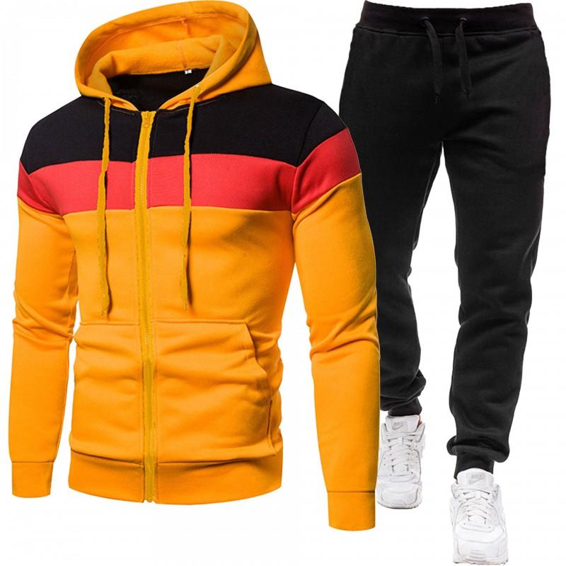 Mens Hooded Zip-Up Jacket Pants 2-Piece Sporty Casual Set Lightweight Warm Layering Outfit