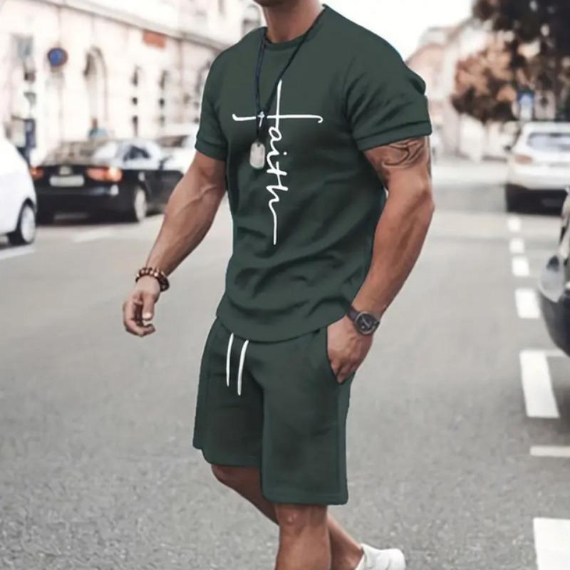 Gradient Men's Suit Casual New Short Sleeve With Shorts 3d Letter Faith Printed T-Shirt And Drawstring  Shorts 2-Piece Sets