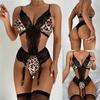 Women's Leopard Print Lace Bodysuit Lingerie Adjustable Straps Sheer Mesh Panel Garter Belt Design One Piece Underwear