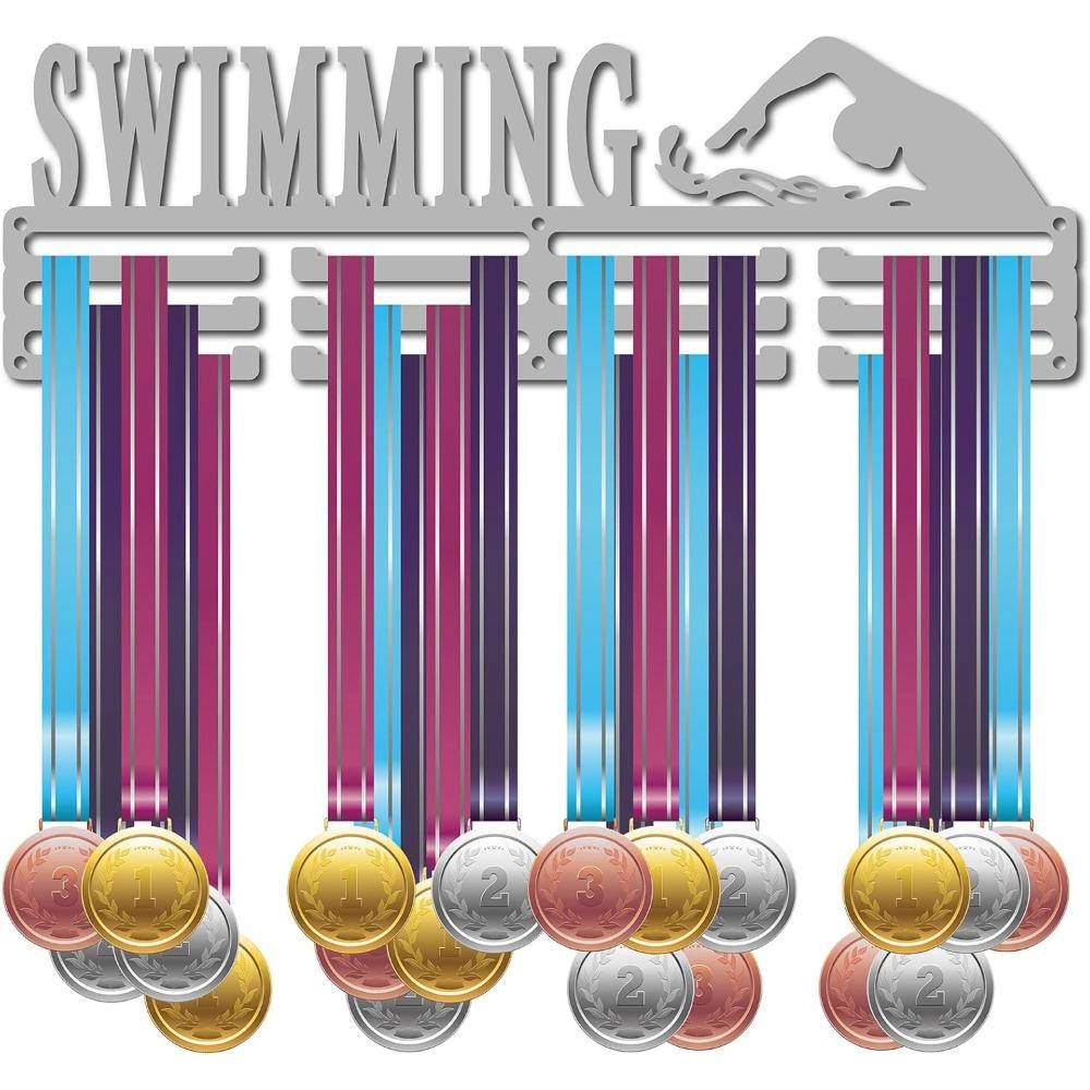 Metal Medal Display Rack Wall Mounted Holder Heavy Duty 20 Hooks for Sports Marathon Race Swimming Award Organizer Black 40x11cm