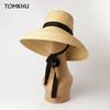 Vintage Summer Hats For Women Natural Wheat Straw Hats High Flat Top Long Ribbon Lace-up Sun Hats Wide Brim Anti-UV Beach Hats