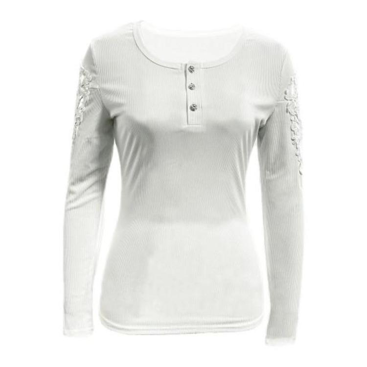 Women Hollow Out Lace Patchwork Pullover T Shirt Long Sleeve Slim Fit Soft Stretchy Round Neck Button Closure Solid Color Top Lady Spring Fall