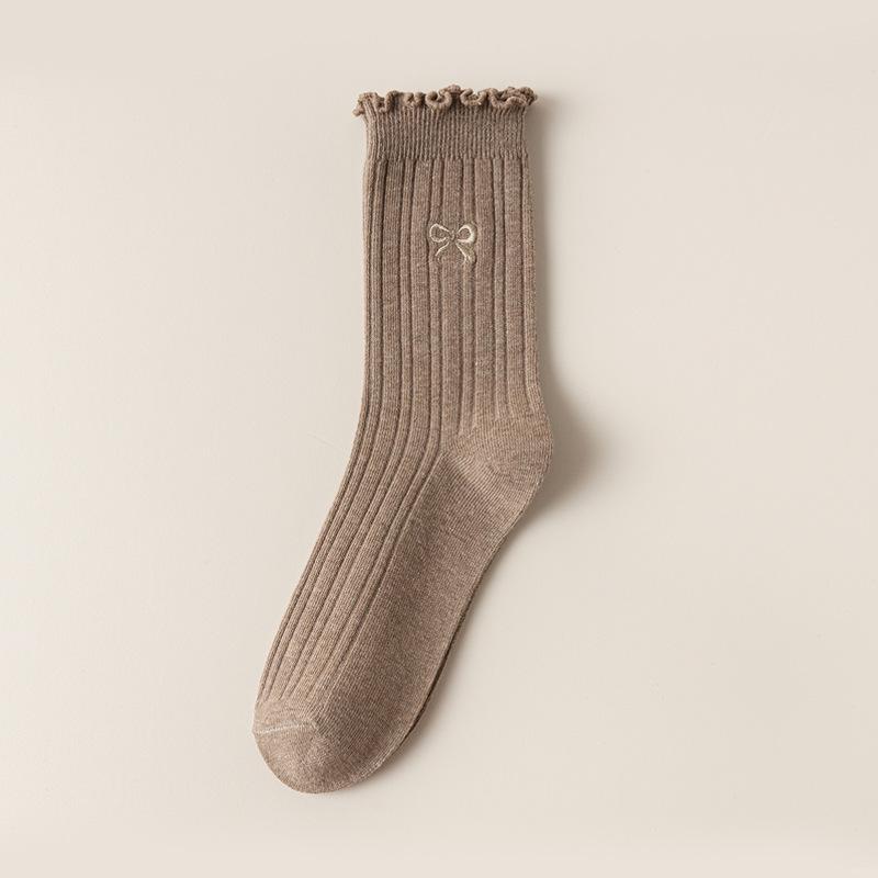 Female Spring and Autumn Embroidery Bow Wooden Ear Edge Boneless Drum Pile Pile Cotton Socks