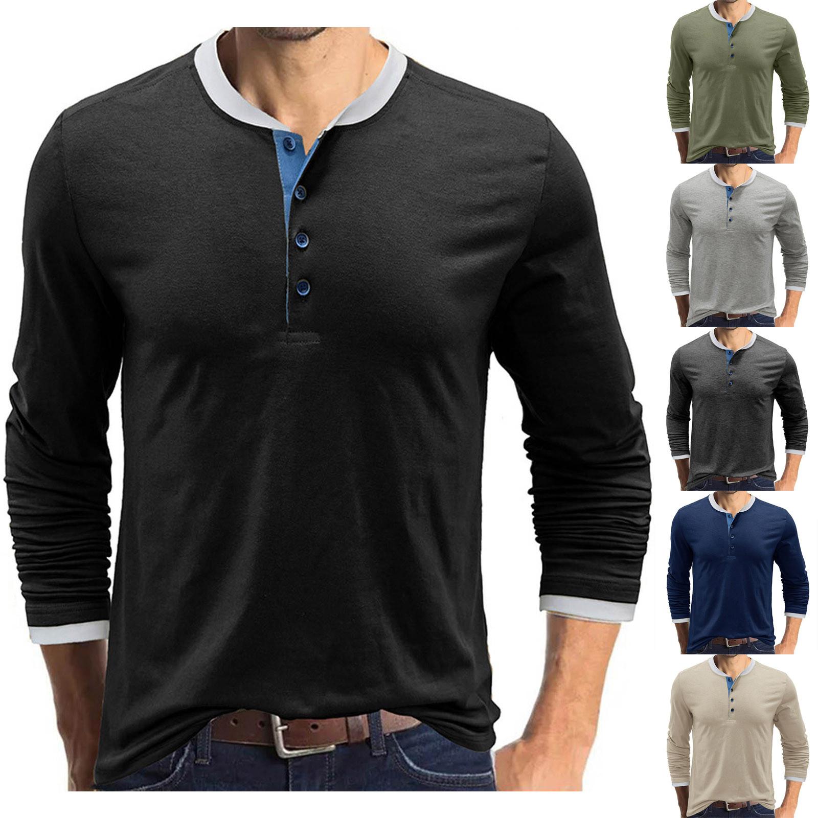 

Осенне-зимняя мужская футболка с полуоткрытым вырезом, однотонная футболка с длинным рукавом, повседневная рубашка с низом
