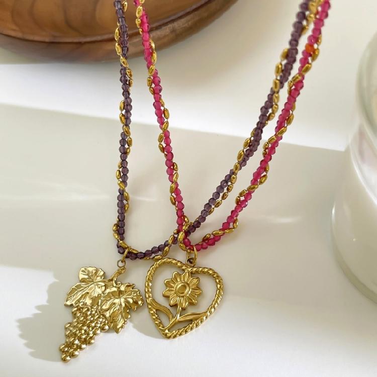 Modern Stainless Steel Necklace with Heart Flower/Grape Charm Crystal Beads Adjustable Closure Neckchain Accessory