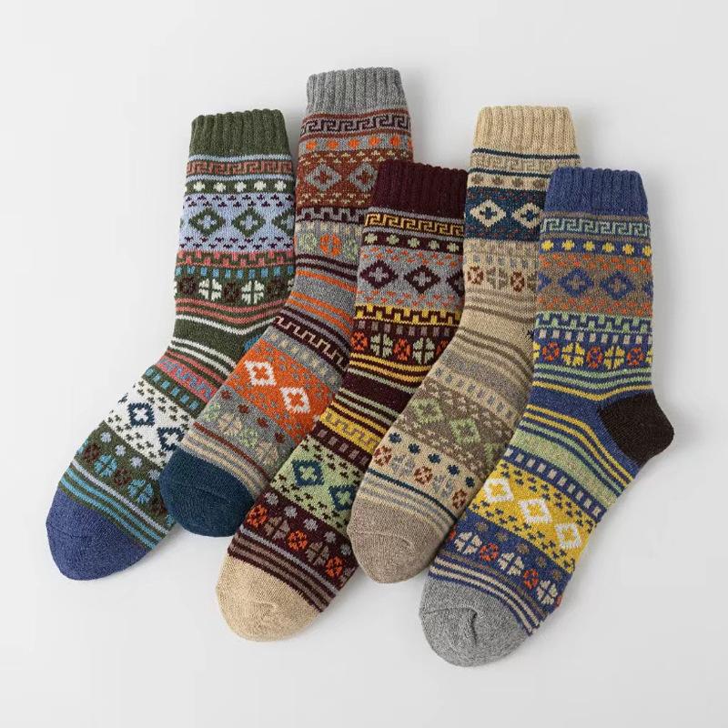 5/10 Pairs Autumn Winter Thickened Warm Socks Men's Retro Ethnic Style Small Diamond Wool Socks Mid Calf Socks Comfortable