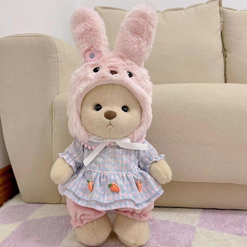 Medium Bear Outfit - Blue Pink Striped Carrot Overalls Set