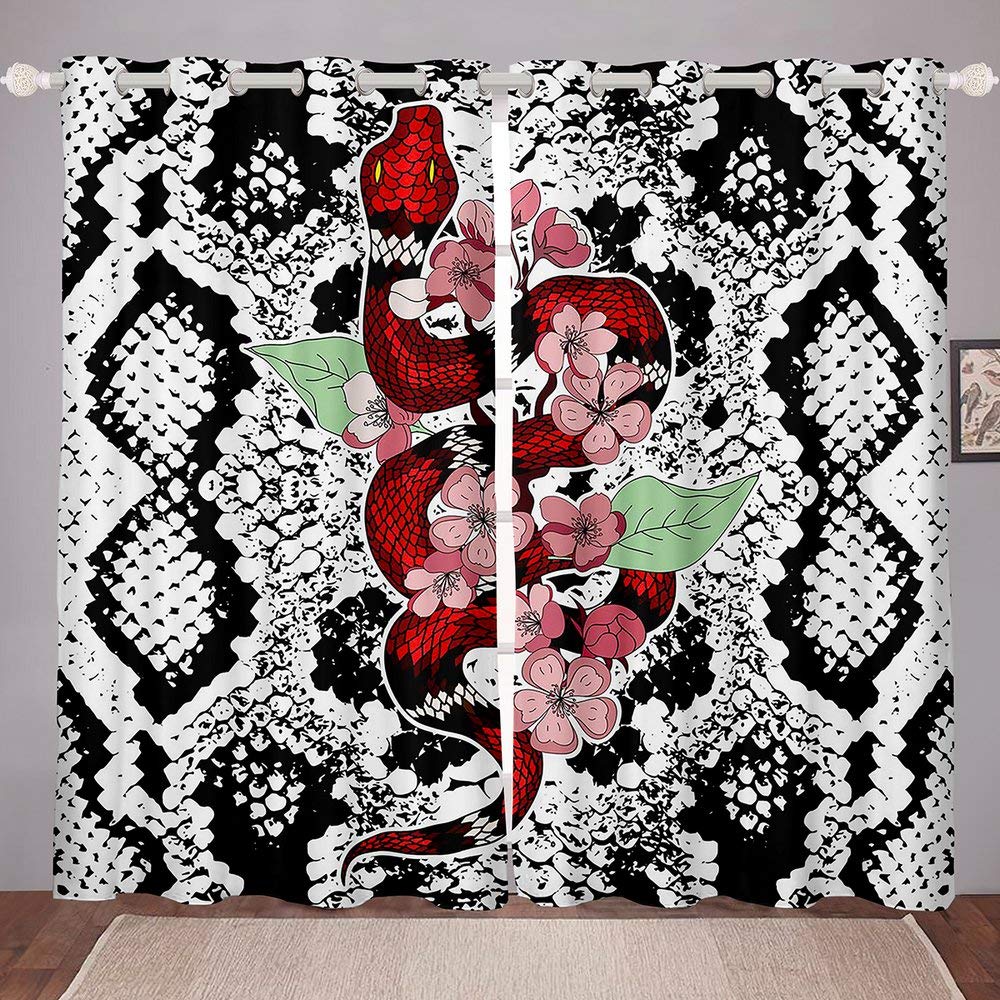 Snake Pattern Curtain Reptile Blackout Window Drapes Palm Leaf Wild Animal Stylish Curtains for Kids Boys Teens Man 2 Panels
