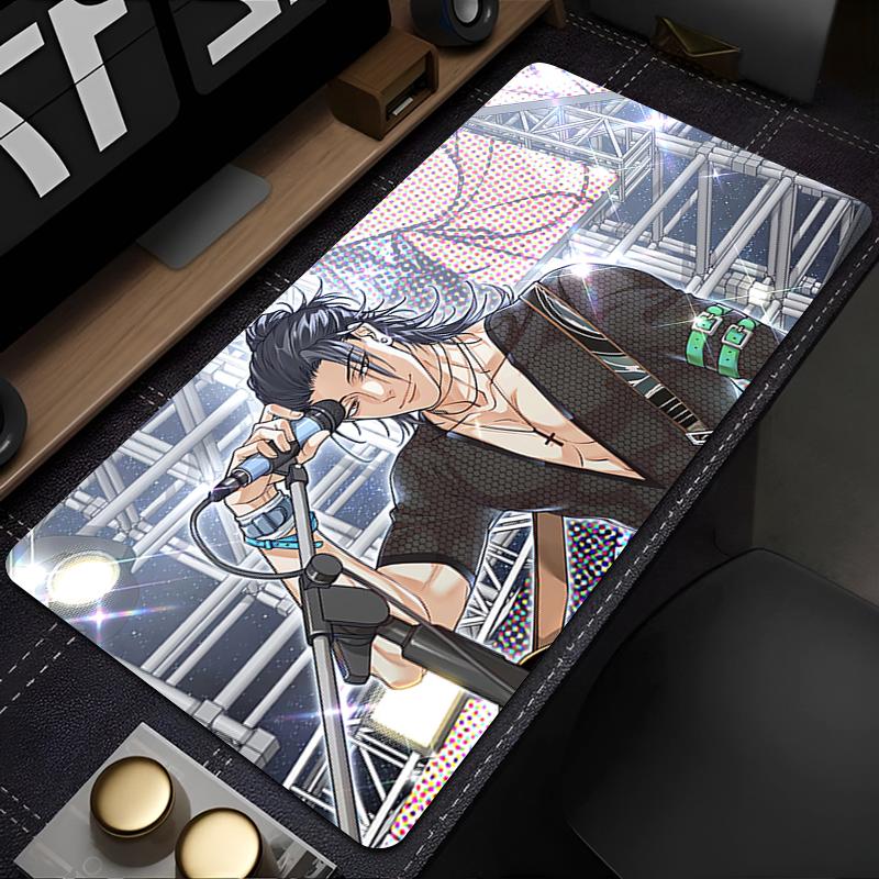 Gaming Mouse Pad Large Desk Mat Antislip Rubber Base Stitched Edges Black White Anime Guy with Monster Print for Gaming