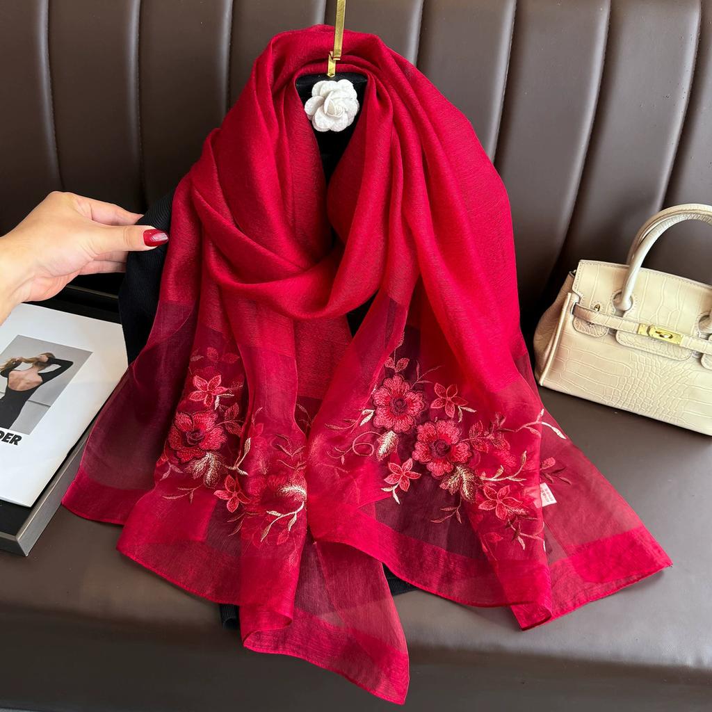 Damen Seidenwollschal Floralstickerei Hijab Damen Foulard Frühling Sommer Dünne Pashmina Schals Wickel Bufanda Kopftuch