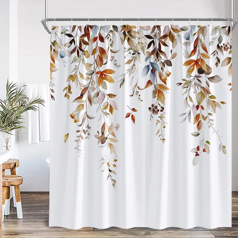 Blue Leaf Watercolor Plant Shower Curtain Modern Minimalist Home Bathroom Decorative Fabric Shower Curtain with Hook