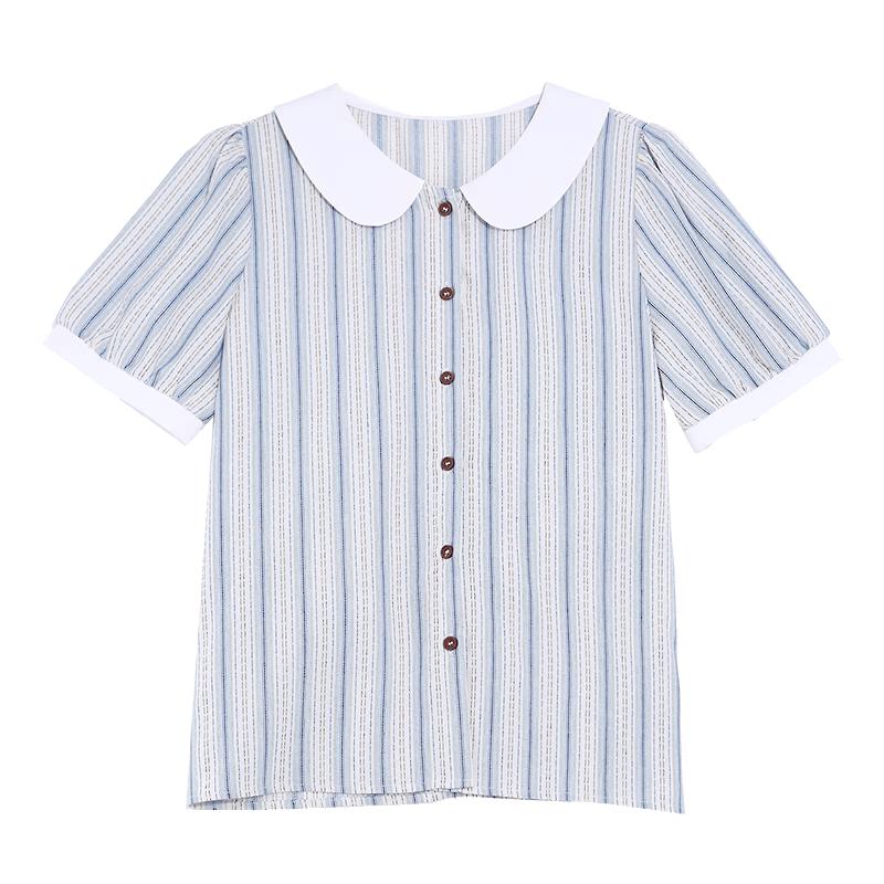 

Betu Women s Striped Puff Sleeve Doll Collar Short Sleeve Shirt L