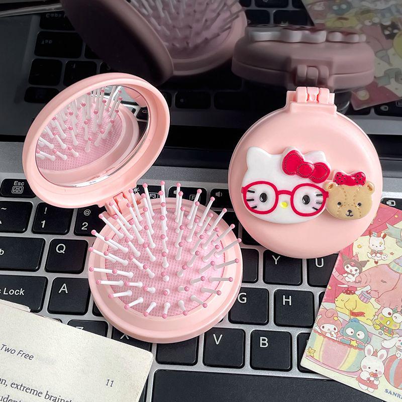 Мультяшная кошка KT Складной гребень и зеркало - Портативный мини-гребень с воздушной подушкой для массажа и укладки волос женщин