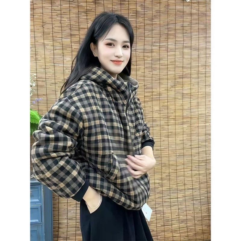 Cappotto di Cotone con Cappuccio e Stampa a Quadri Invernali 2025 con Velluto Plus - Giacca Casual, Elegante e Antietà per Donna