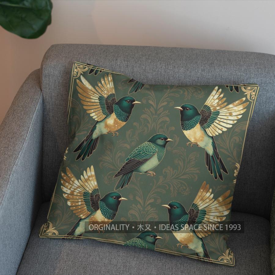 2D Green Birds With Gold Wings Pillow Cover Pattern Cushion Cover Suitable For Sofa Bedroom Car Pillow Cover