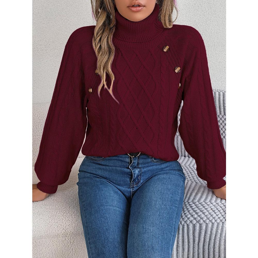 Autumn/Winter Casual Solid-Colour Buttoned Cable-Knit Turtleneck Bell-Sleeve Pullover for Women
