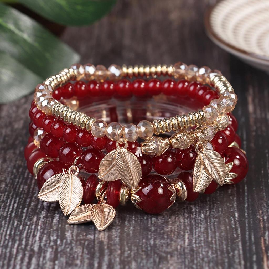 Bohemian Retro Beaded Bracelet with Leaf Pendant and Crystal Accents