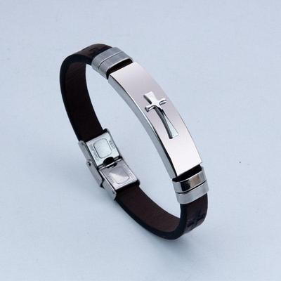 Trendy Men's Stainless Steel Cross Bracelet with Vintage Leather