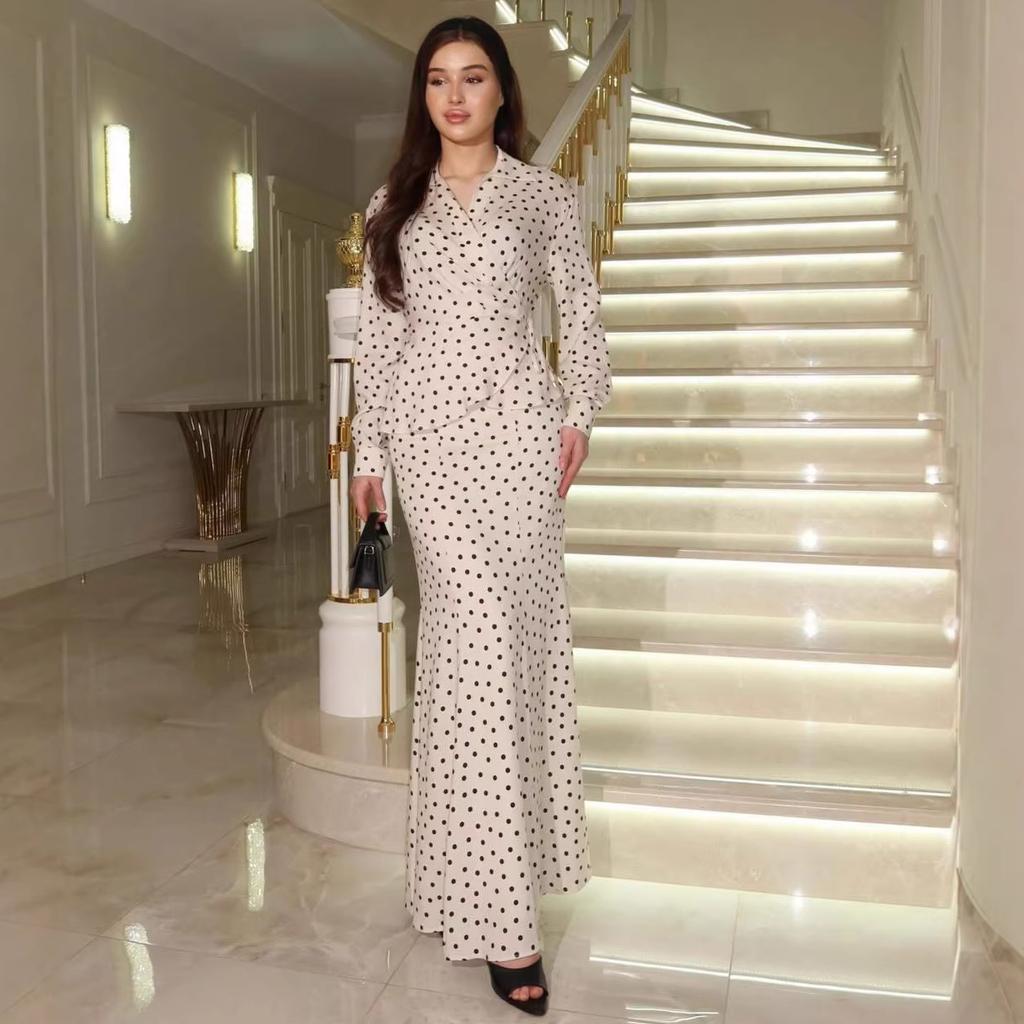 Autumn new European, American Amazon cross-border V-neck temperament polka dot long skirt long coat two-piece set