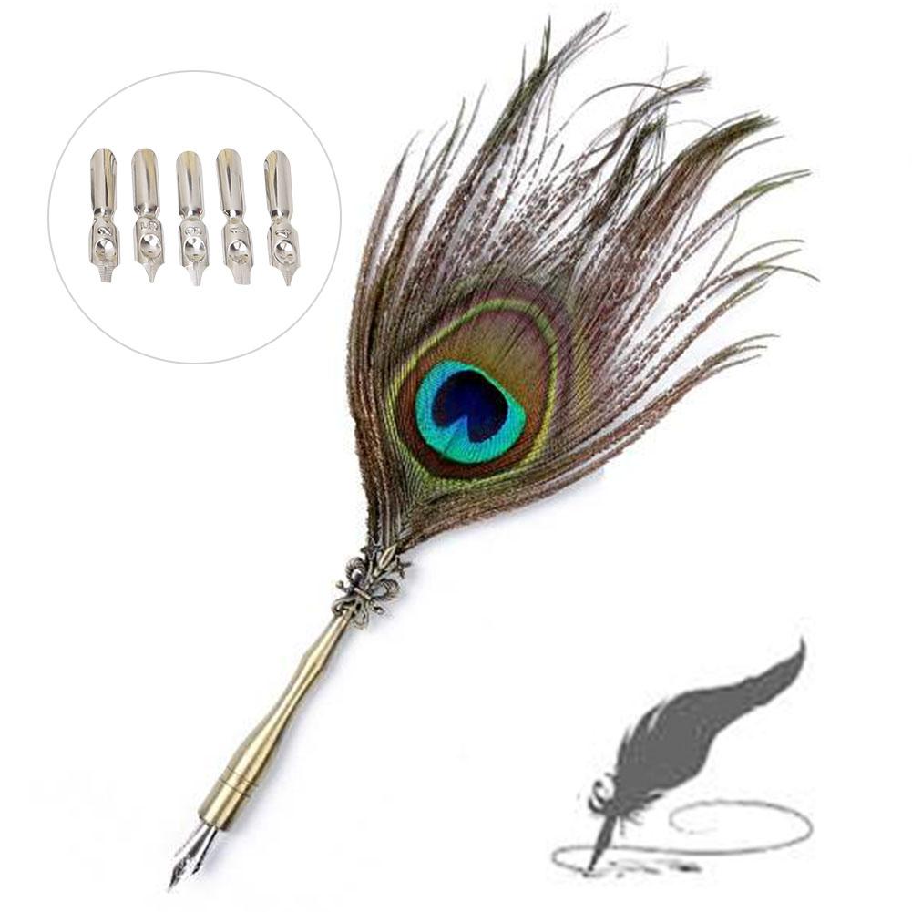 Calligraphy Peacock Feather Dip Quill Pen Writing Ink Set Stationery Gift Box With 5 Nibs