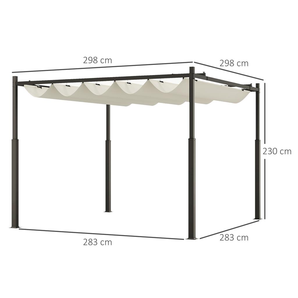 Gazebo Pergola 3x3 M with Retractable Canopy, 8 Screws and 8 Stakes, In 180g Polyester and Metal, Cream White
