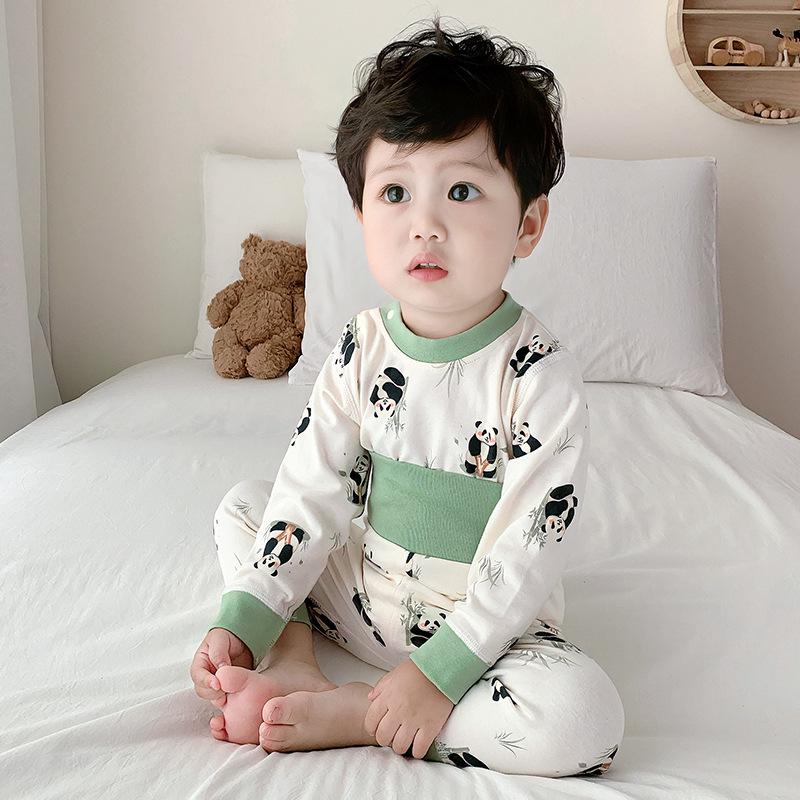 

Пижамный комплект из хлопка с высокой талией для новорожденных - защита живота и осенние штаны 90