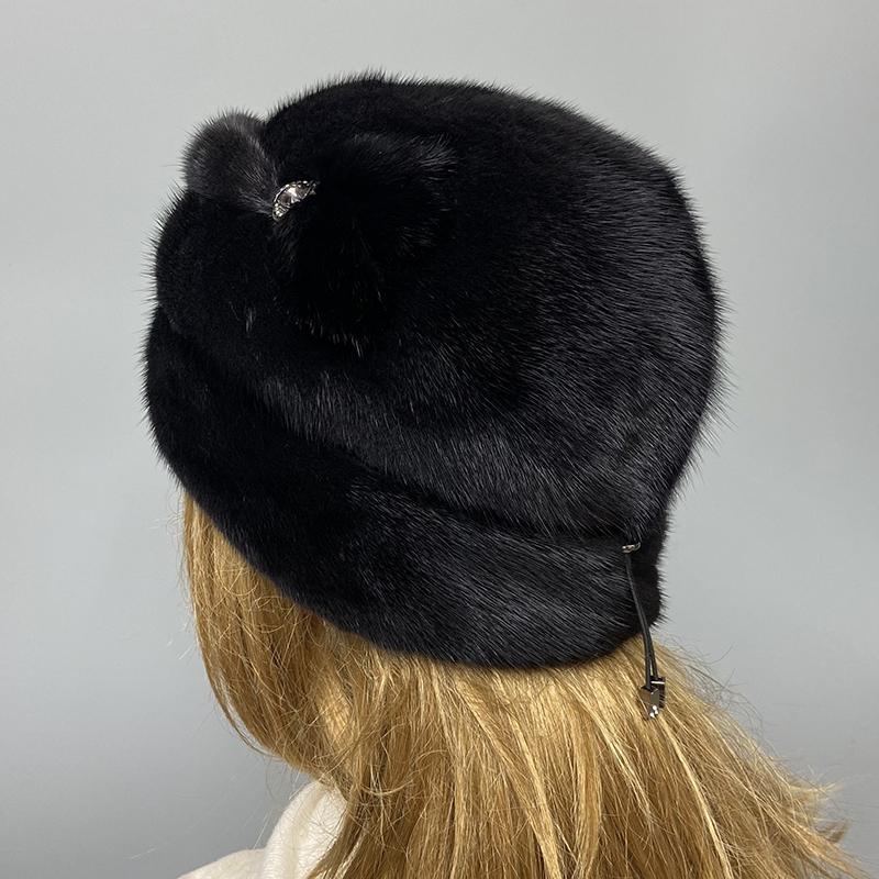 Luxury Women's Mink Fur Bucket Hat Winter Warm Diamond Fedora Real Fur Fashion Headwear