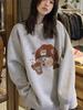 Women Cute Cartoon Print Thick Hoodie Ladies Autumn and Winter Round Neck Long Sleeve Pullover Sweatshirt Top for Student