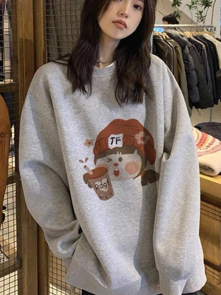 Women Cute Cartoon Print Thick Hoodie Ladies Autumn and Winter Round Neck Long Sleeve Pullover Sweatshirt Top for Student
