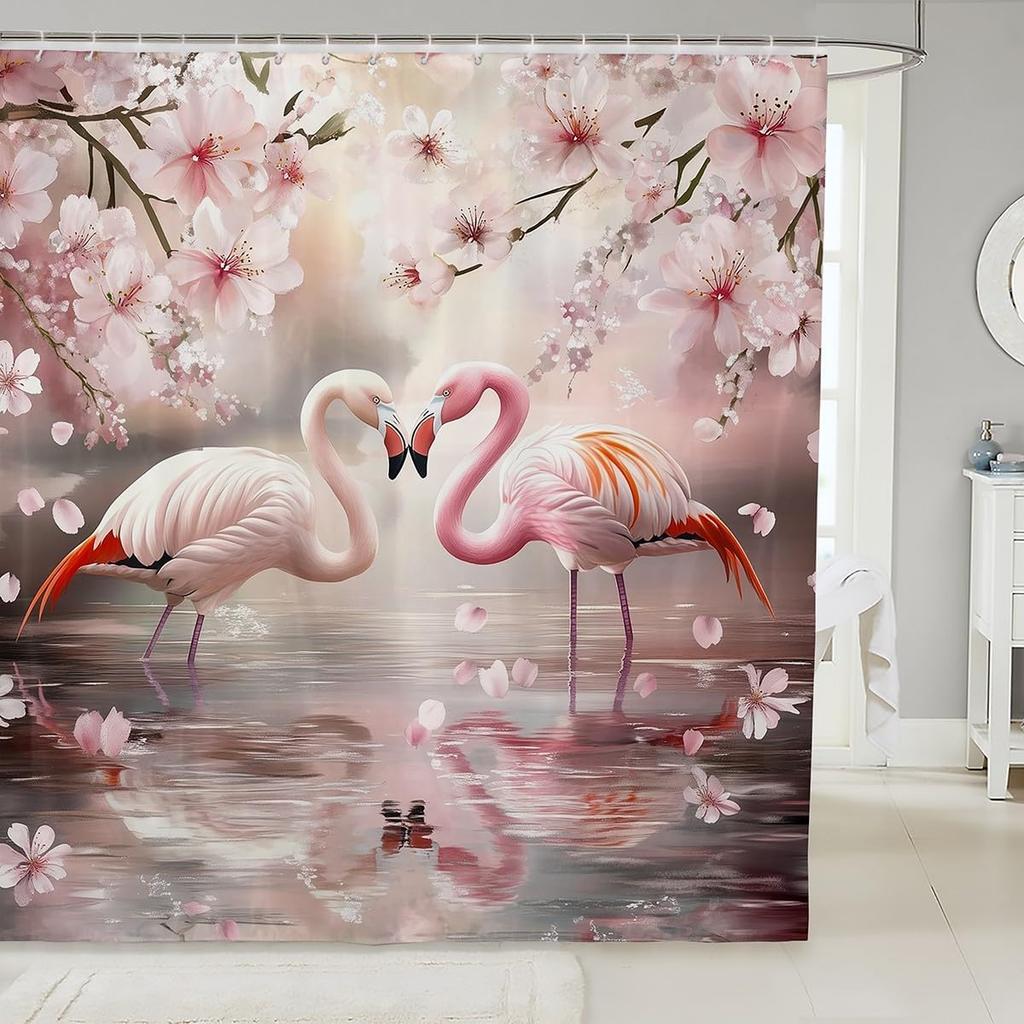 Japanese Style Bathroom Curtain Cherry BlossomShower Curtain for Girls Teen Women,Watercolor Mount Fuji Sakura Animal Aesthetics