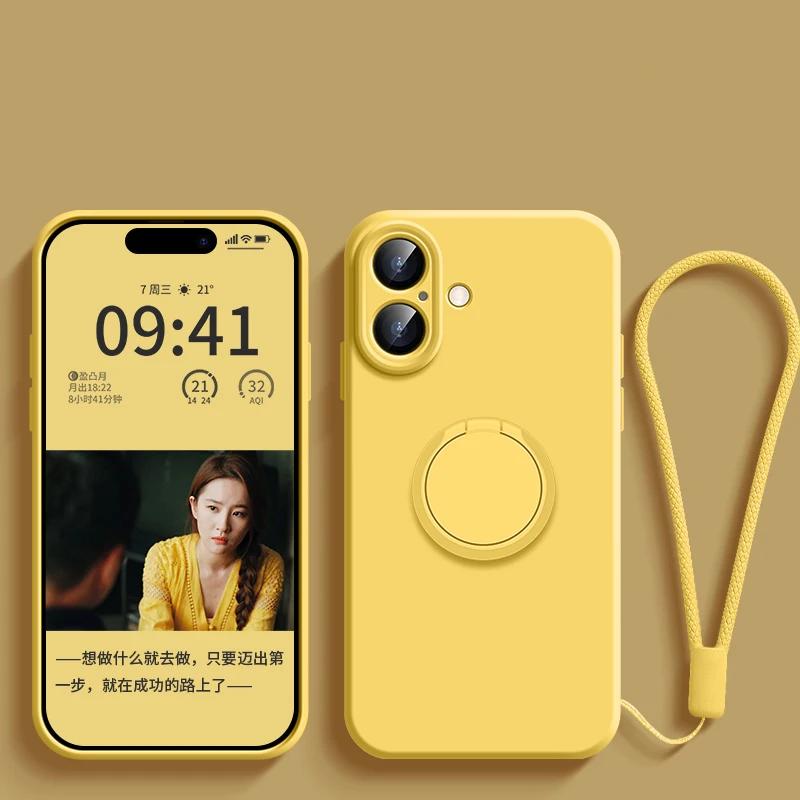 Luxury Original Liquid Silicone Ring Holder Case For iPhone17 16 15 14 Plus 13 12 Mini 11 Pro X XR XS Max With Strap Soft Cover