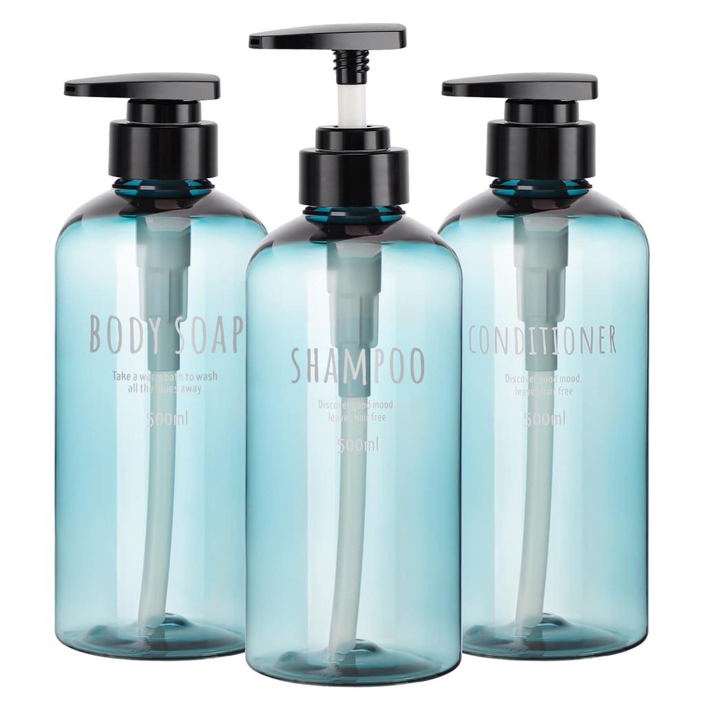 Segbeauty Shampoo Bottle Dispenser, Light Blue, Set of 3, 500ml, Large Capacity, Black, Round, Leak-Proof, Refillable, Stylish, for Bathroom, Washroom