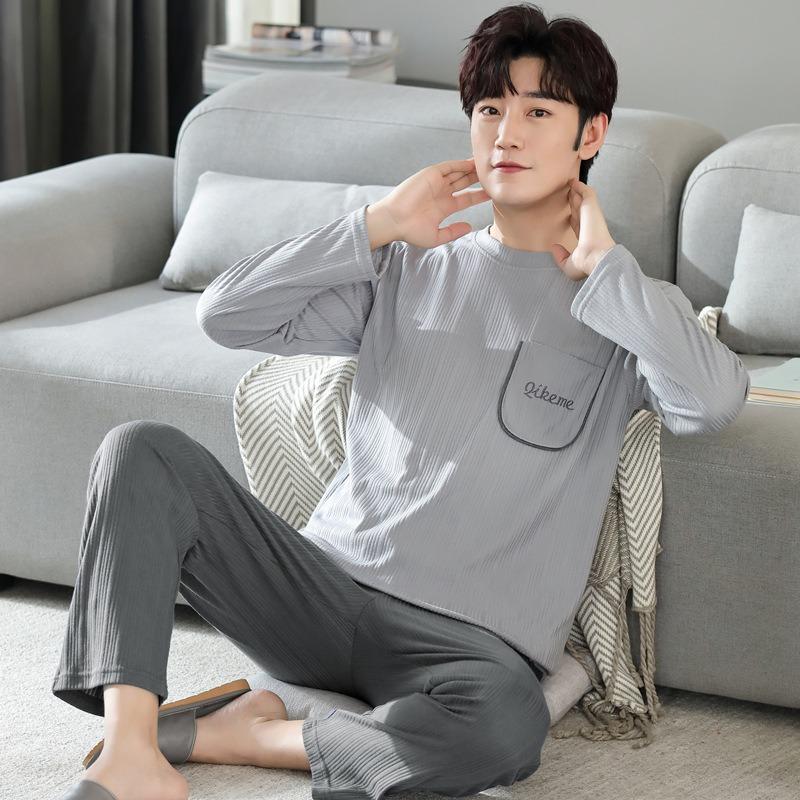 Cotton Men's Pajamas Long Sleeve Top and Plaid Pants Spring and Fall Loose Home Decor Simple Casual Comfortable Cartoon Pajamas