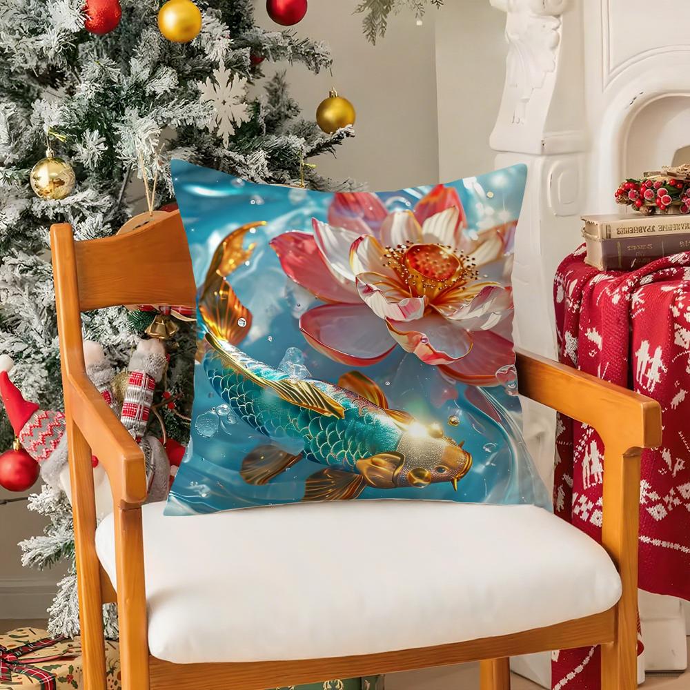 Natural Fun Koi Fish Lotus Pillow Case Silky Short Plush With Invisible Zipper Dustproof Sofa Cushion Cover For Home Decor