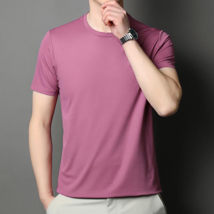 Brand 2025 Men's High-End Ice Silk Crew Neck Short Sleeve T-Shirt - Solid Color, Advanced Texture, New Summer Edition