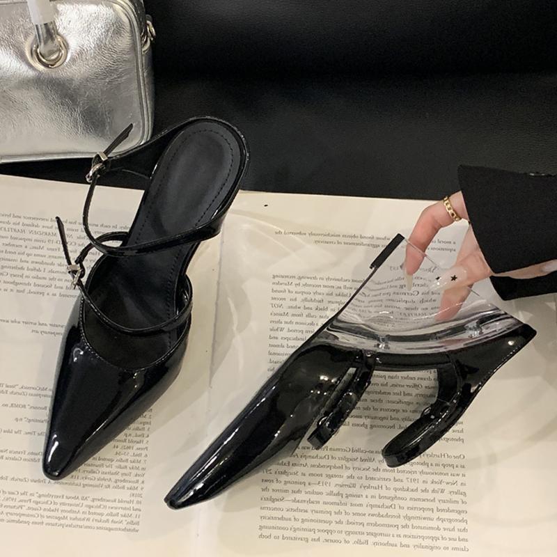New Fashion Transparent Wedge Slippers Women Pumps Patent Leather Pointed Toe Buckle Strap Designer High Heels Mules Shoes