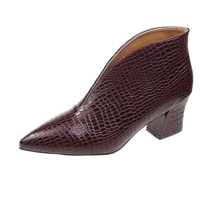 V-mouth short women's autumn and winter new European and American fashion pointed embossed thick heel Martin Women's