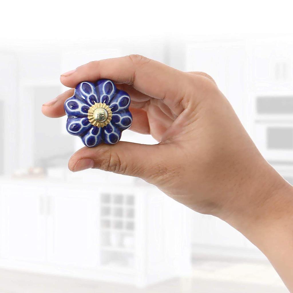 Ceramic Vintage Assorted Blue Pottery Drawer, Door Knobs and Pulls Handle for Kitchen Cabinets Home Interior  (10, Blue) - Pack of 10