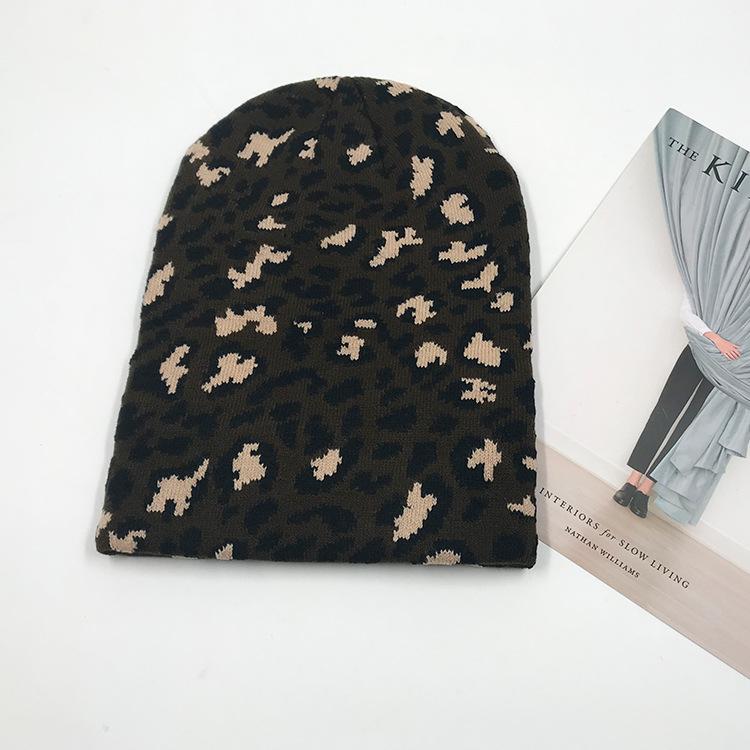 Wool Hat Female Leopard Print Knitted Elastic Warm Versatile Pullover Knitted Hat Autumn and Winter Thickened Ear Protection Hat Male