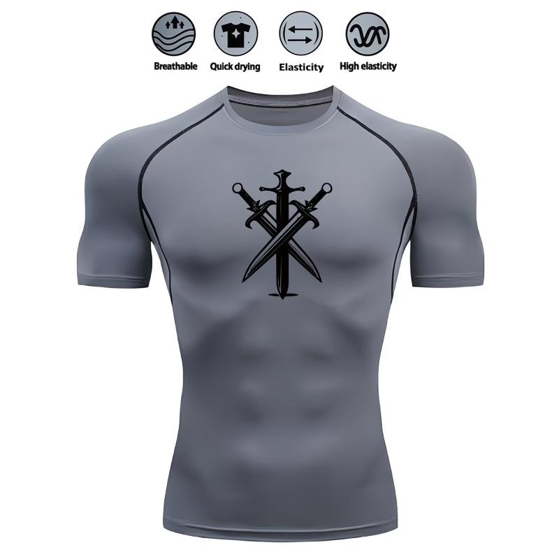 Men's Compression Shirt Quick Dry Navy Blue Gym T-Shirt Three Crossed Swords Print Workout Sportswear